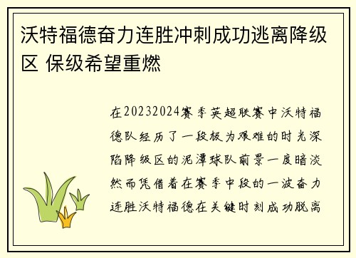 沃特福德奋力连胜冲刺成功逃离降级区 保级希望重燃