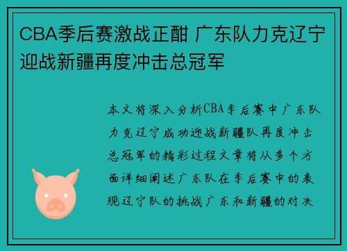 CBA季后赛激战正酣 广东队力克辽宁迎战新疆再度冲击总冠军